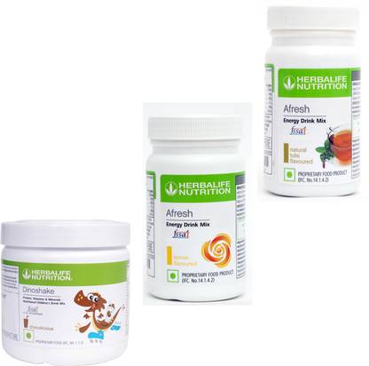 Herbalife Nutrition DINOSHAKE CHOCOLATE (200gm)+ AFRESH TULSI (50gm)+ AFRESH LEMON (50gm) SET OF 3 PCS Plant-Based Protein