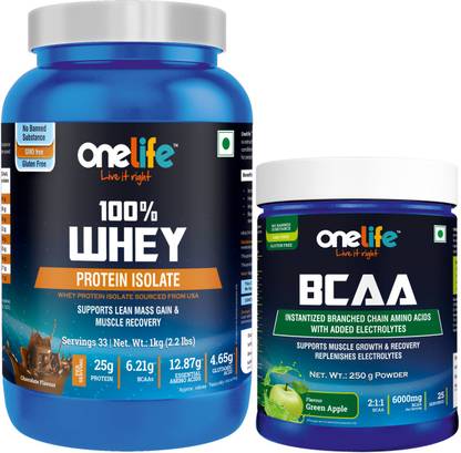 OneLife Combo Of Whey Protein Isolate 1Kg Chocolate + BCAA - Post Workout Supplement -250g Weight Gainers/Mass Gainers
