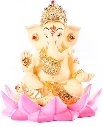 StatueStudio Ganesha Statue on Lotus Showpiece Temple Décor Ganpati Idol Gift Item Lord Ganesh Murti for Car Dashboard Gift item for Diwali Pooja and Home Décor Decorative Showpiece  -  10.1 cm