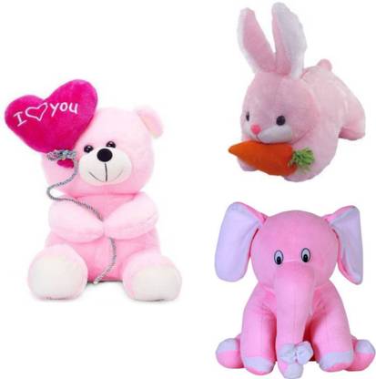 Eguds Combo Of 3 Amazings Pink Soft Plush Toys For Those Who Loves Pink Color, Pink Teddy Bear balloon, Pink Sitting Elephant, Pink Rabbit, For Valentine Christmas Birthday Anniversary I Love You Teddy Propose Day Teddy Day Best Gift For Girlfriend Sister Children Babies Your Loved Ones For unlimited Joy And Hugs  - 25 cm