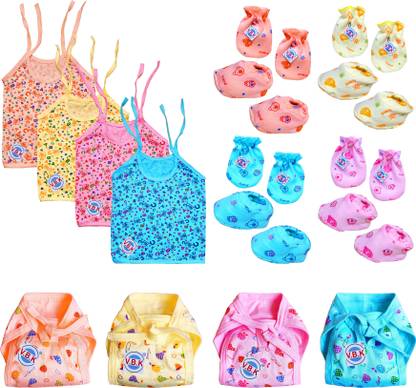 V.B.K Baby Boy and Baby Girl Cloth Set With Jhabla (4 Pcs), Nappy (Langot) (Cloth Diaper) (4 Pcs), Hand Mittens (Gloves) (4 Pair) and Leg Booties (Socks) (4 Pair), Pure Hosiery Soft Fabric, 0 to 6 Months