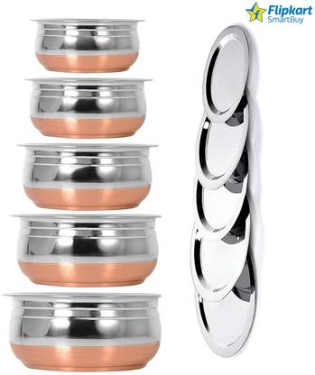 Flipkart SmartBuy Stainless Steel Cbowl set for 5 pcs serving Handi/tableware/storage containers/bakeware/ dinner set/ kitchen set steel item for home appliances and kitchen serving cooking combo set storage container copper handi /URLI set fruit and salad bowl Cookware set 5 pcs Stainless Steel Serving Bowl Perfect Copper Handi Set for Everyday Use Whether you want to cook a delicious serving of your favourite sabzi or heat leftover curries from the previous day, the 5-piece copper handi set, Prabhu Chetty, Curved Copper Plate at Induction And gas Stove Suitable Bottom , Best Quality Stainless Steel Copper Induction And gas Stove Suitable Bottom 5 Pic Handi Pot Set, Brown & Steel, 5 Pic Handi Copper Vegetable Bowl ,Cooking Dinner Table Serving Biryani Pot Handi Kadhai , Panikarilikka Steel Handi 5 Pices Sets Handi 0.65 L, 0.85 L, 1.23 L, 1.83 L, 2.45 L ( Without Lid) Stainless Steel Disposable Serving Bowl Induction Bottom Cookware Set