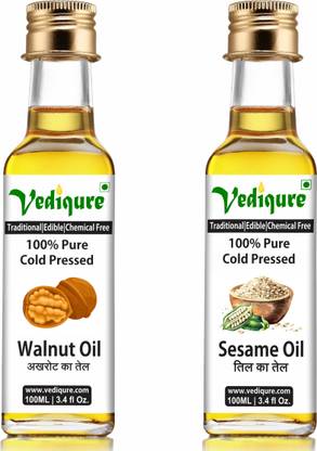vediqure 100% Pure Cold Pressed Edible Akhrot Ka Tel and Til Ka Tel - 100 ML Walnut Oil + 100 ML Sesame Oil Glass Bottle