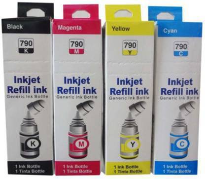KAVYA GL 790 COMFATEBAL IN PRITAR G3000 G3010 G3012 G4000, G4010, G7070, G6070, G5070 Printers (70ml -Yellow,Cyan,Magenta & 135ml Black) [GL 790 REFILL INK] Black + Tri Color Combo Pack Ink Bottle