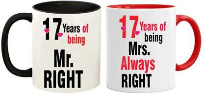 RSGiftery Printed 17 years of being mr.right & mrs always right Set of 2 Couple Inside and Handle Black & Red Coffee mug Ceramic Coffee Mug