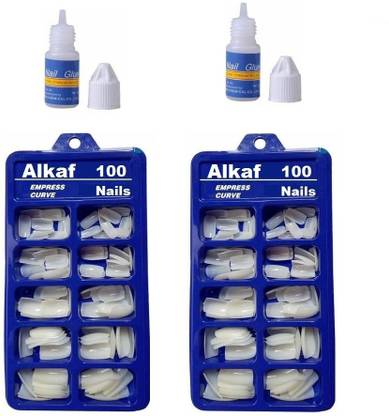 Alkaf Reusable Arylic false 200 Nails With 2 Glue ( 100 Nails Per Pack ) White
