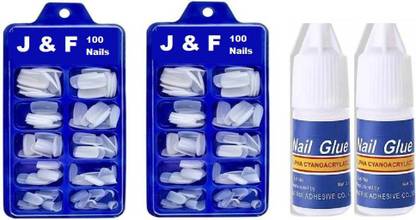 J & F Arylic Fake Nails Empress Curve Artificial 200 Nails with 2 glue bottle Both Pack of 2 New Pack White
