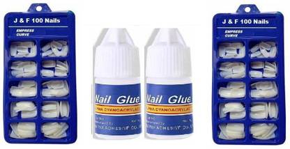 J & F Empress Curve Artificial 200 Nails with 2 Glue Bottle ( 100 Nails 2 ) White