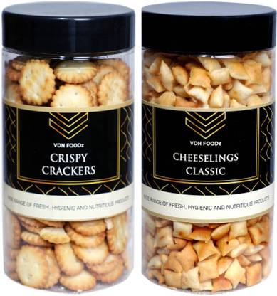 VDN FOODz Salted Crispy Crackers & Cheeselings Classic Combo pack|| Mini Cracker bites || Chai (Tea) Time Assorted Snacks, (120 gm + 100 gm) || Combined weight 220 gm Salted Biscuit