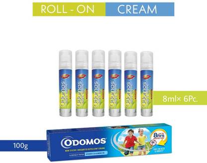 Odomos Mosquito Repellent Cream (100g) With Fabric Roll On (6 Pc.)