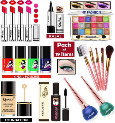 Lady FASHION Makeup Kit with 4 Lipsticks, Kajal, Eyeshadow, 4 Nail Polishes, Foundation, Mascara, 5 Brushes and 2 Coloured Eyeliners (Pack of 19) LFMKA127