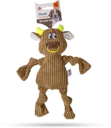 fofos Fluffy Cow Stuffed Soft Squeaky Plush Dog Toy, Brown | For X-Small- Small Dogs (0-10kgs) |Knotted Legs| Squeaker | Machine Washable | Soft Corduroy Fabric | Cuddle, Chew, Fetch, Tug Polyester Plush Toy For Dog
