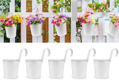 EzzuCrafts Set of 5 Rail Planter, Balcony Planters Railing Hanging Flower Pots with Detachable Hook, Iron Fence Bucket Outdoor Flower Pot for Patio Fence Deck Balcony Garden Color White Plant Container Set