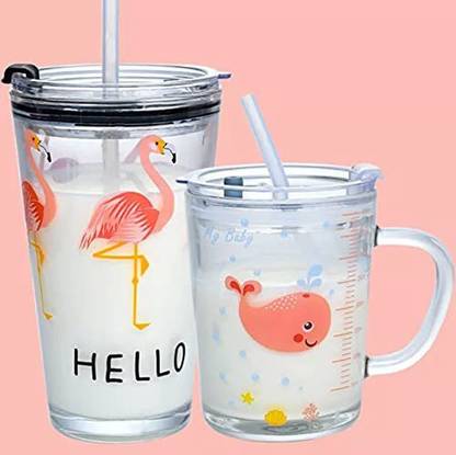 NXTMET Cartoon Creative Coffee Mug with Lid & Straw - Kids Milk Mug - Juice Flower Tea Cup - Travel Mug Drinking Heat Resistant (1Glass & 1 MUG )