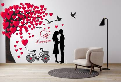 Saiii Designs 96 cm Romantic Couple Under The Heart Leaves Tree and Love Quote with Bicycle' Wall Sticker( 77 cm X 96 cm ) Self Adhesive Sticker