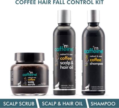 mCaffeine Coffee Hair Fall Control Kit with Protein, Redensyl, Natural AHA & Argan Oil | Shampoo, Hair Oil, Scalp Scrub | All Hair Types | Sulphate & Silicone Free