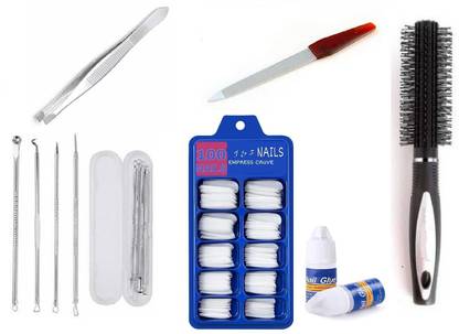 J & F Hair Roller Comb With Plucker And Nail Filer With Artificial Fake nails with 2 Glue Bottle and Blackhead 4 Different Pins