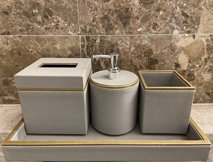 Mars Home Center Luxury Leather Bathroom Accessories Set of 4 Includes Soap Dispenser | Toothbrush Holder | Vanity Tray | Tissue Holder Wooden Bathroom Set