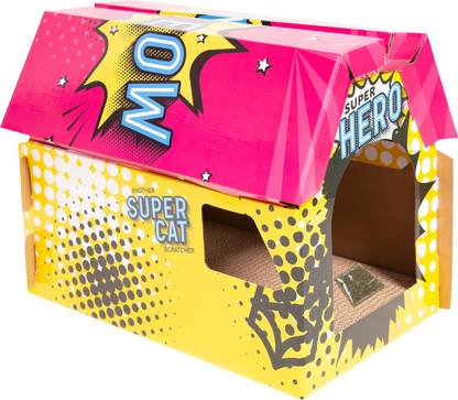 fofos Comic House Cat Scratcher Cat Toy, Yellow | For Small Kittens And Older Cats , Private Space For Cats , Scratcher + Imported Us Grade Catnip Powder , Durable Cardboard , Scratch, Play Wooden Training Aid For Cat
