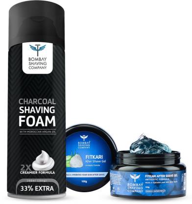 BOMBAY SHAVING COMPANY Mini Shaving Essential Kit for Men with After Shave Fitkari Gel 100g, Charcoal Shaving Foam 266g