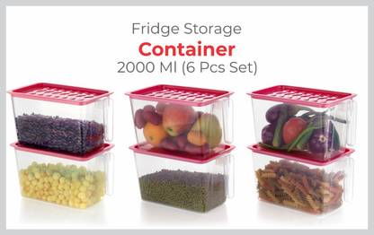 OMORTEX Containers Kitchen Rack Plastic Stylish 2000 ML Fridge Storage Containers with Handle Plastic Storage Container for Kitchen With Lid Transparent Containers Set Of 6