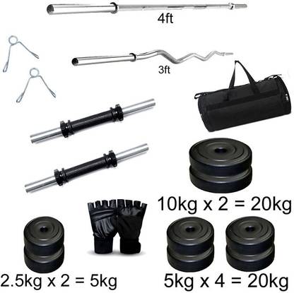 RIO PORT 45 kg {45kg pvc weight} 2.5 x 2 = 5kg, 5 x 4 = 20kg, 10 x 2 = 20kg, 1 x 3 feet curl rod, 1 x 4 plan rod, 2 x 14 inch dumbbell rod, gloves, gym bag Home Gym Combo