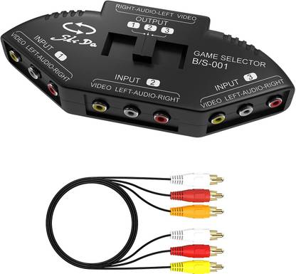 microware RCA Splitter with 3-Input and 1-Output, Audio and Video RCA Switch Box with Cable for Connecting 3 RCA Signal Devices to 1 Monitor Media Streaming Device