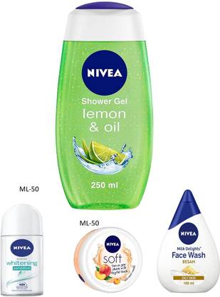 NIVEA Skin Care Combo including Lemon & Oil Shower gel ; Milk Delight Besan face Wash ; Creme Soft Soap and Whitening Sensitive Deodorant