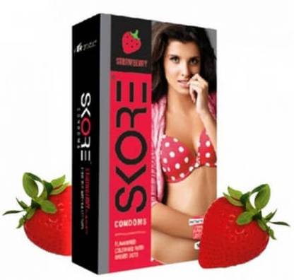 SKORE rawberry Flavoured Condoms - Coloured and 1500 Raised Dots 10s Pack Condom