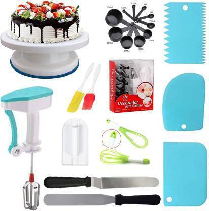 Vaisag House All In One Bakeware Cake Combo Tools Cake Baking and making Tools Combo For Cake Decoration At Home, cake turn table,3 pc scrapper,nozzel set,spatula brush,8 PC black measuring spoon,whisk,smoother,2 Spatula Knife Set,Power free singal hand blender BAKING TOOLS SET Multicolor Kitchen Tool Set (Multicolor) Multicolor Kitchen Tool Set (Multicolor) Kitchen Tool Set