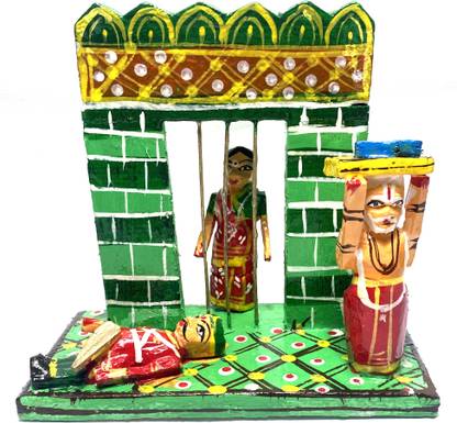 Mahant Ji Lacquer Wooden Krishna Leela Set Idols Or Vasudev Krishna Janma Jail Scene for Janmashtmi Decoration Collectible Showpiece from Varanasi Karigar ( Size : 13 x 7 x 12 cm ) Decorative Showpiece  -  13 cm