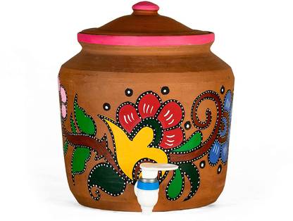 ASBAN D01_Pot_8L Floral Printed Unglazed Clay Water Pot Dispenser with Flip Flap Tap Bottled Water Dispenser