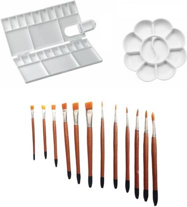 GINROO KHYATI Rectangle Box Small Colour Mixing Palette / Plate and Flower small Colour Mixing Palette / Plate with 12 Round and Flat Artist Paint Brushes