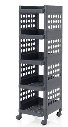PINEVINTA Multipurpose Storage Rack - Space Saving Storage Organizer Rack Shelf with Wheels, Plastic Multi-Purpose Storage Organizer Racks for Home, Kitchen, Bathroom with Wheels Plastic Free Standing Sideboard