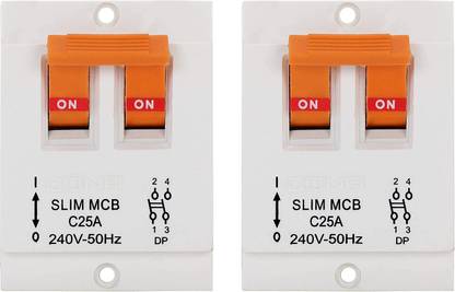CONA Slim MCB C-Type 25A DP Switch 240V/415V, White - Pack of 2|MCB Switch|MCB Double Pole Switch|Master Switch|Circuit Breaker Capacity 3 kA 10006 MCB