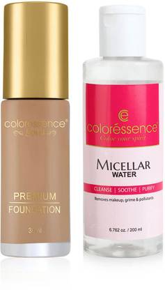 COLORESSENCE True Tone Foundation Full Coverage Lightweight Waterproof Liquid Formula Matte Finish (Ivory Peach) - Micellar Water Makeup Remover, 200ml
