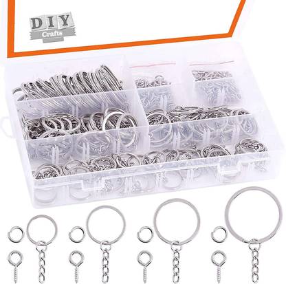 DIY Crafts Sliver Key Chain Rings Kit, Keychain Rings with Chain and Open Jump Ring Come with Screw Eye Pins for Jewelry Making (20mm 25mm 30mm 35mm) (4 Pcs 1 Set, Nickel Silver) Key Chain