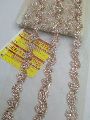 Borders Net Fabric Handmade Lace Reel with New Mirror Work (9M x 1 inches, Golden and White) Lace Reel