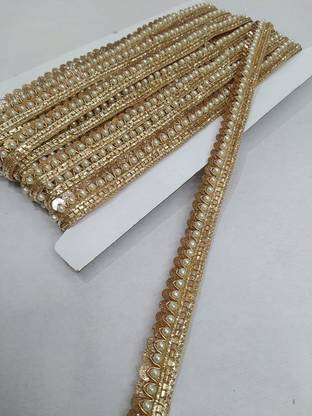 Borders Cotton Fabric Handmade Lace Reel with Pearl and Cutwork Jardoshi Golden Border (9M x 0.5 in, Gold) Lace Reel