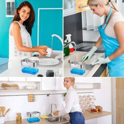 ASHVI CITY Sponge Holder for Kitchen Sink Corner Countertop Dish Washing with Hollow Design Liquid Detergent