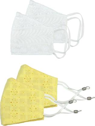 BELLOFOX Chikankari 3-Layered Unisex Reusable & Washable Cotton Face Mask Set Of 4 - (White & Yellow Color) BA2524 Washable Cloth Mask With Melt Blown Fabric Layer