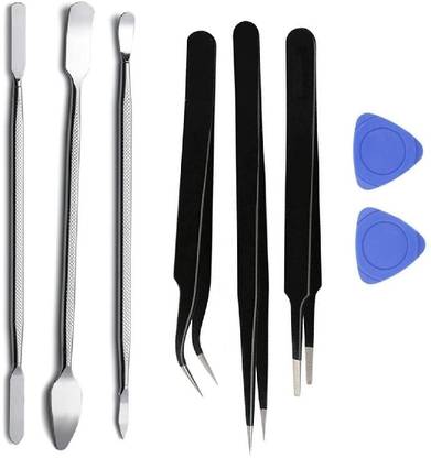 WOWSOME Set of 3 Dual Ends Metal Openers, 3 black Pointed, Curved and Blunt Tips tweezers and 2 plastic openers for Opening & Repair Mobile, Laptop and other Gadget Speeder Tool