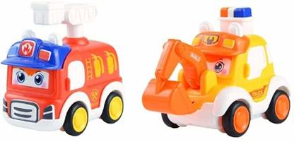 ARNIYAVALA Press and Go Cute Cartoon Face Changing Inertia Toy Cars for Toddlers, Car Toys for kids (Fire Truck and Excator)