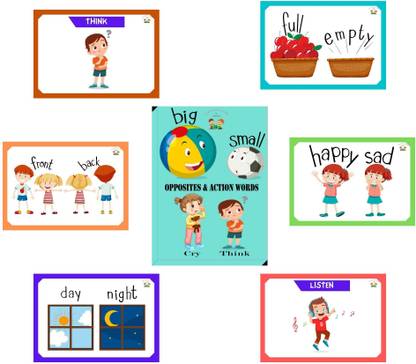 Fun and Learn 2 in 1 Front Action Words and Back Opposite 20 Flash Card with 40 Topics