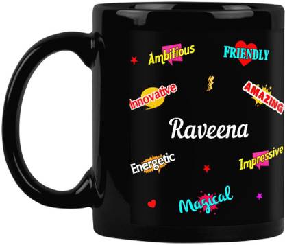 Furnish Fantasy Unicorn Ceramic Coffee - Best Birthday Gift for Daughter, Sister, Gift for Kids, Return Gift - Color - Black Patch, Name - Raveena Ceramic Coffee Mug