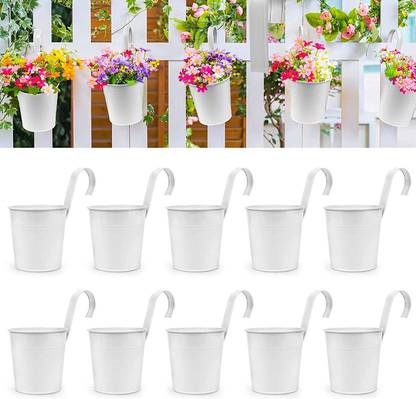 EzzuCrafts Set of 10 Rail Planter, Balcony Planters Railing Hanging Flower Pots with Detachable Hook, Iron Fence Bucket Outdoor Flower Pot for Patio Fence Deck Balcony Garden Color White Plant Container Set