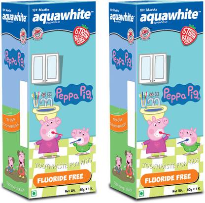 aquawhite Peppa Pig Kids Toothpaste, Strawberry Flavor, Fluoride Free, For 2 to 14 Year Age, 80 G Each Toothpaste