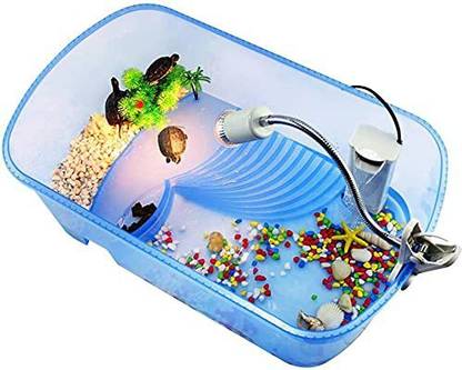 Jainsons Pet Products Aquarium Tank with Platform Plants for Small Turtle(Excluding Accessories)(Small Size turtle Tank (10.5 X 6.5 X 4.5 inch) (Sea Blue) Round Ends Aquarium Tank