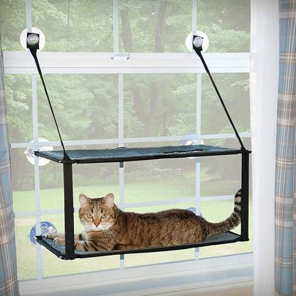Emily Pets Cat Window Perch Double Layers for Cats to Play and Enjoy The Sunshine Cat Hammock Soft and Breathable Mesh Fabric Stabilizes Structural Frame and Suctoin Cup Cat Seat Cat Bed Foldable to Save Space(Black) M Pet Bed