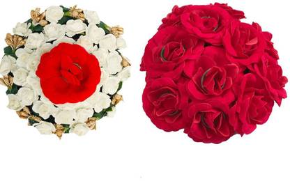 GuruEmbellish Designed Flower Gajra Juda Maker, Hair Gajra Bun Juda White & Red Combination Bun